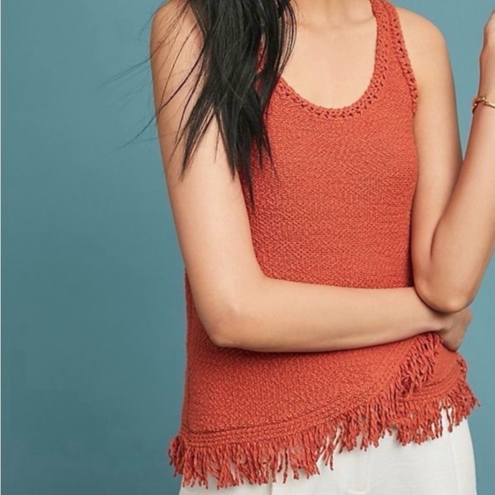 Anthropologie Akemi + Kin Rust crochet tank featuring an asymmetric fringe hem